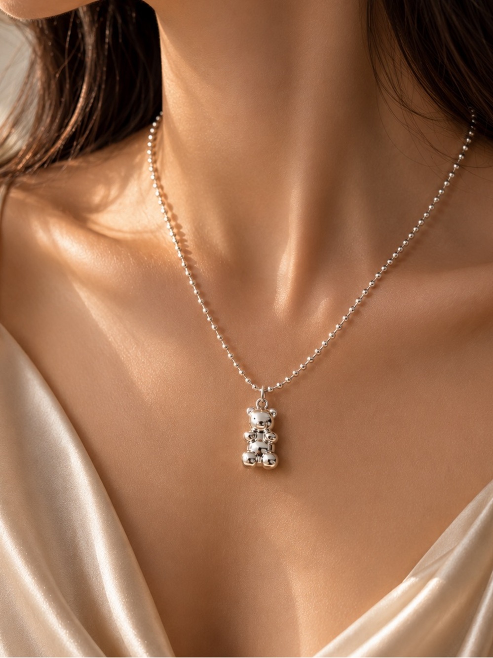Cute Teddy Bear Pendant Necklace | Polished Metal Charm Necklace